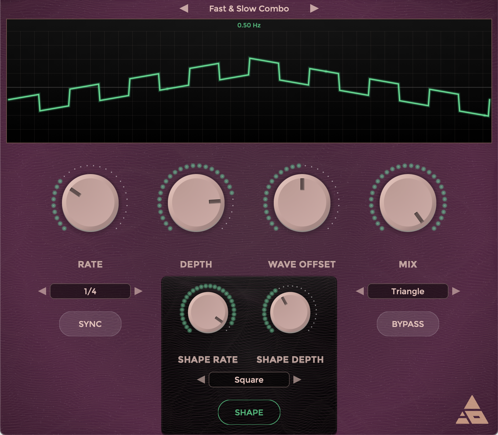 Tremolo Viola free tremolo plugin interface by Acedia Audio, showing waveform selector, rate, depth, shape, and stereo controls